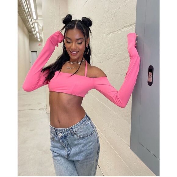 Edikted long sleeve flared off the shoulder crop top size S - Picture 4 of 9